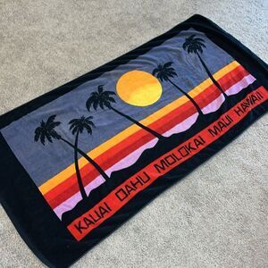 Vintage sun set retro rainbow stripe Palm trees aloha Hawaii Islands Beach Towel
